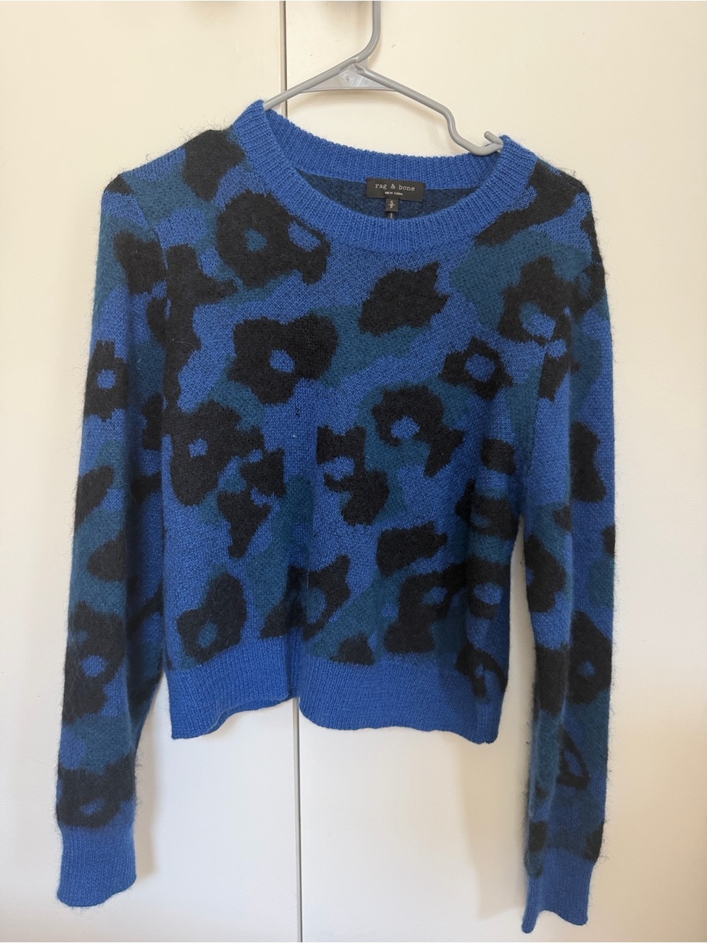 rag & bone Blue and Black Leopard Crewneck Sweater